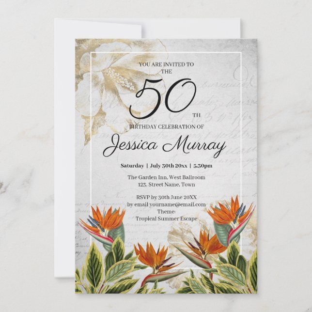 Elegant Tropical 50th Birthday Party Invitation (Front)