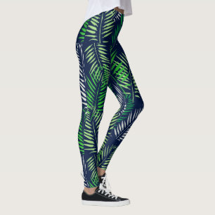 Elegant Tropical and Navy Palm Leaf Pattern Yoga Leggings