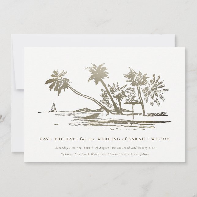 Elegant Tropical Beach Palm Tree Sketch Pale Gold Save The Date (Front)
