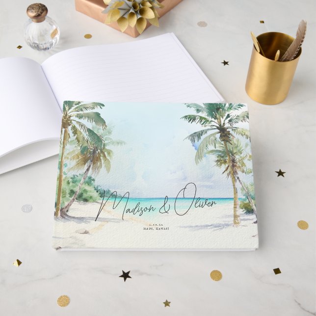 Elegant Tropical Beach Palm Trees Wedding  Guest Book (Front Open)