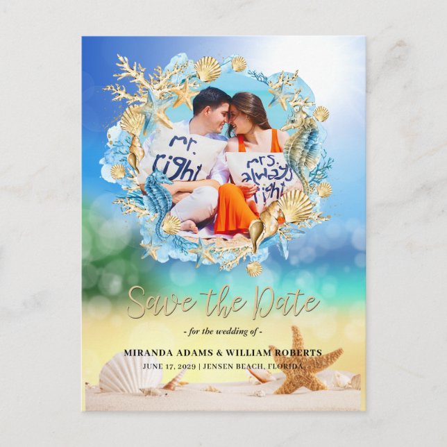 Elegant Tropical Beach Photo Wedding Announcement Postcard (Front)