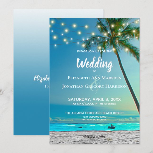 Elegant Tropical Beach String Lights Palms Ombre Invitation (Front/Back)
