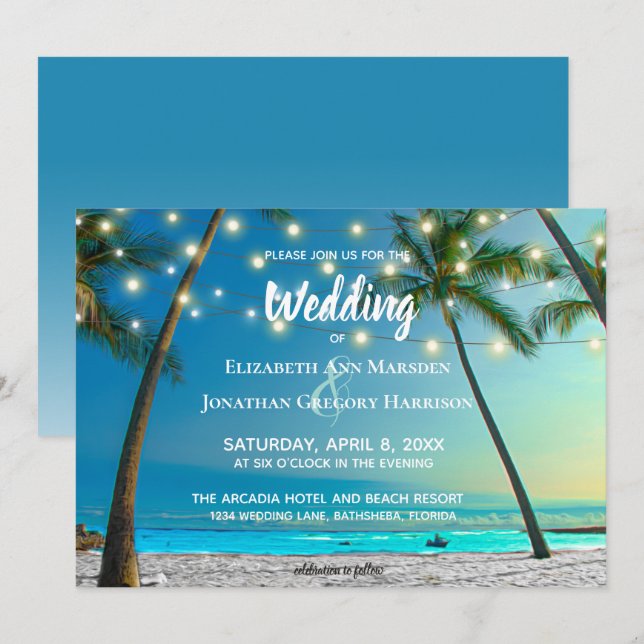 Elegant Tropical Beach String Lights Palms Ombre Invitation (Front/Back)
