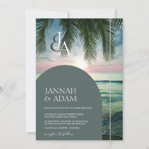 Elegant Tropical Beach Sunset Monogram Wedding Invitation