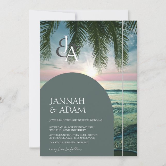 Elegant Tropical Beach Sunset Monogram Wedding Invitation (Front)