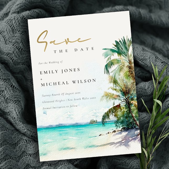 Elegant Tropical Beach Watercolor Palm Trees Save The Date (Creator Uploaded)