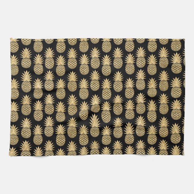 Elegant Tropical Black and Gold Pineapple Pattern Kitchen Towel (Horizontal)