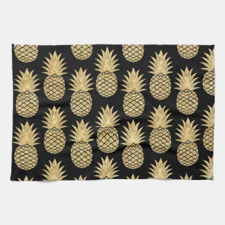 Elegant Tropical Black and Gold Pineapple Pattern Kitchen Towel