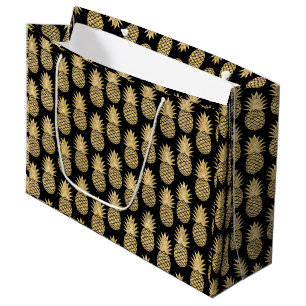Elegant Tropical Black and Gold Pineapple Pattern Large Gift Bag