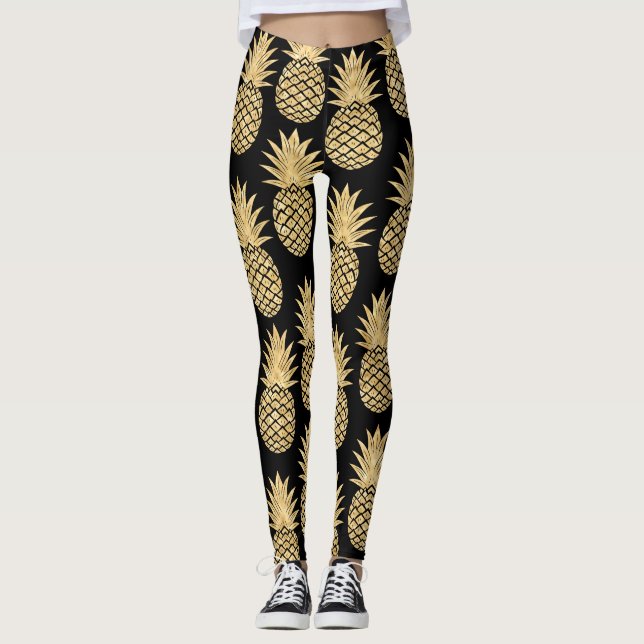 Elegant Tropical Black and Gold Pineapple Pattern Leggings (Front)