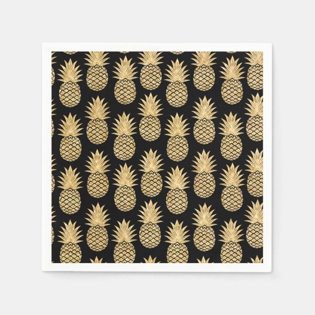 Elegant Tropical Black and Gold Pineapple Pattern Napkin (Front)