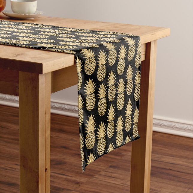 Elegant Tropical Black and Gold Pineapple Pattern Short Table Runner (In Situ)