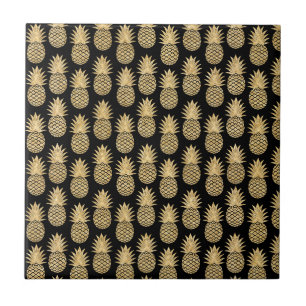 Elegant Tropical Black and Gold Pineapple Pattern Tile
