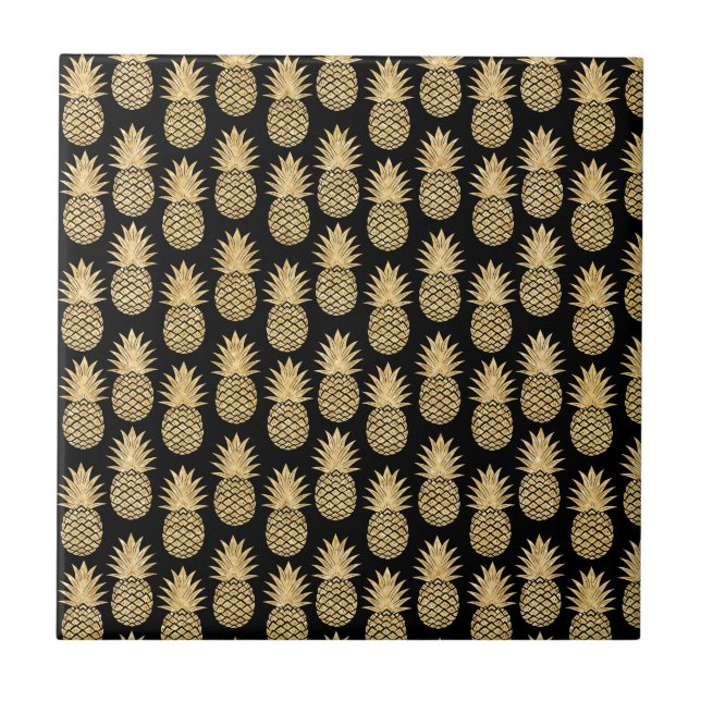 Elegant Tropical Black and Gold Pineapple Pattern Tile (Front)