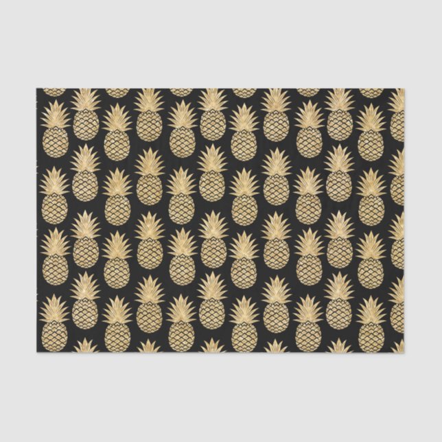 Elegant Tropical Black and Gold Pineapple Pattern Tissue Paper (Front)