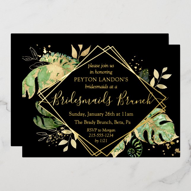 Elegant Tropical Black & Gold Bridesmaids Brunch (Front/Back)