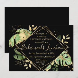 Elegant Tropical Black & Gold Bridesmaids Luncheon Invitation