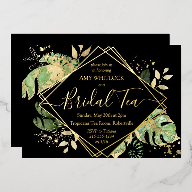 Elegant Tropical Black Gold Foil Bridal Shower Tea (Front/Back)