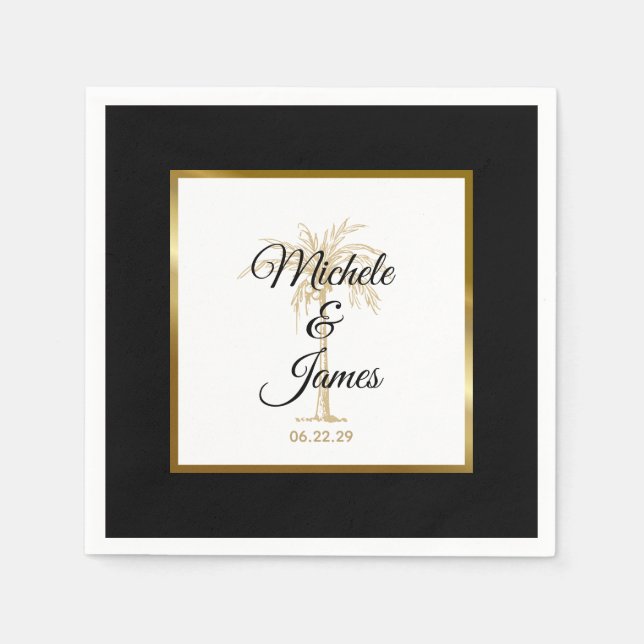 Elegant Tropical Black Gold Palm Tree Wedding Napkin (Front)