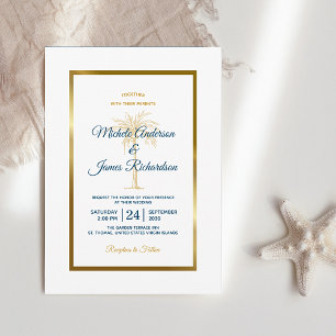 Elegant Tropical Blue Gold Palm Tree Beach Wedding Invitation