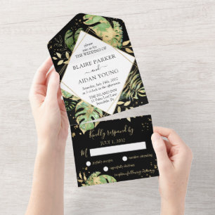 Elegant Tropical Botanical Black & Gold Wedding All In One Invitation