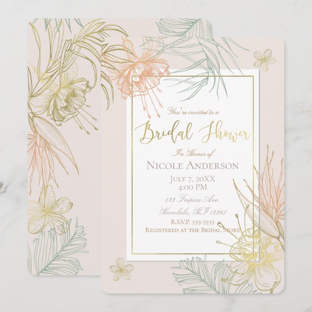 Elegant Tropical Botanical Floral Bridal Shower Invitation (Front/Back)