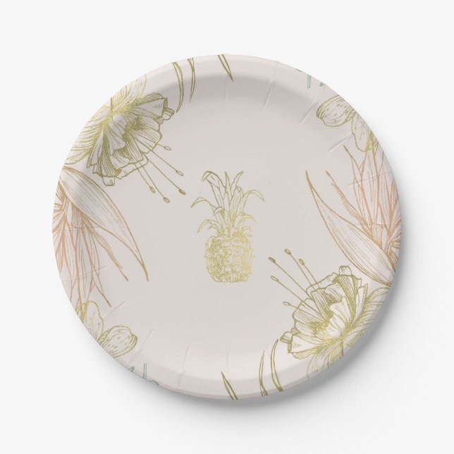 Elegant Tropical Botanical Floral Gold Blush Paper Plate (Front)
