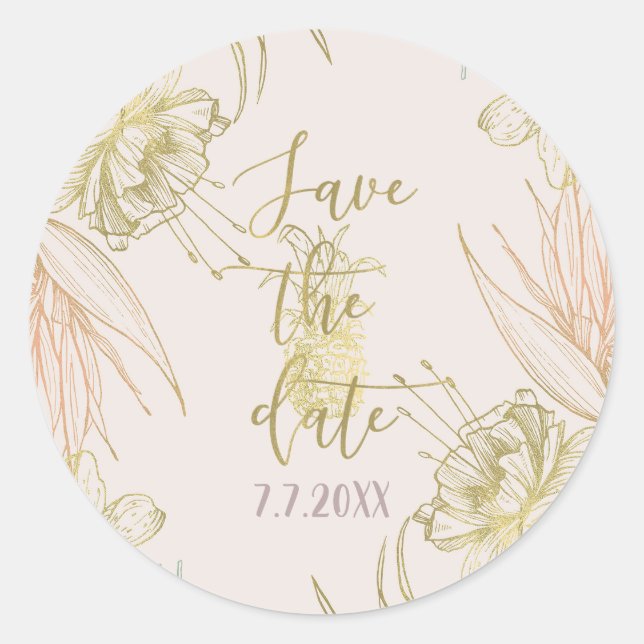 Elegant Tropical Botanical Floral Save the Date Classic Round Sticker (Front)