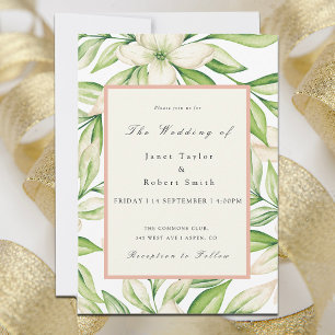 Elegant Tropical Bouquet with Pink Border Wedding Invitation