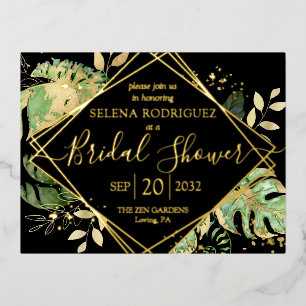 Elegant Tropical Bridal Shower Black & Gold Foil Invitation Postcard