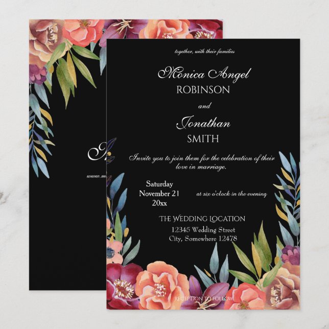 Elegant Tropical Burgundy & Blush Black Wedding V2 Invitation (Front/Back)