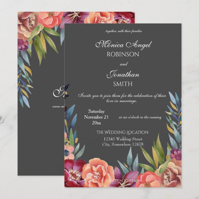 Elegant Tropical Burgundy & Blush Grey Wedding V2 Invitation (Front/Back)