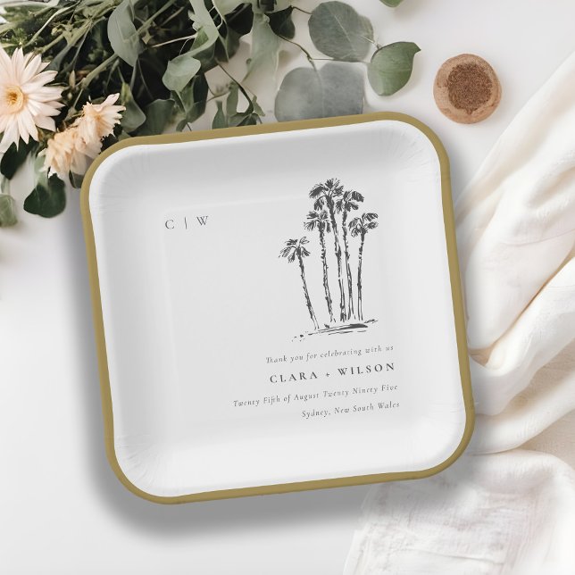 Elegant Tropical Coastal Palm Tree Sketch Wedding Paper Plate (Creator Uploaded)