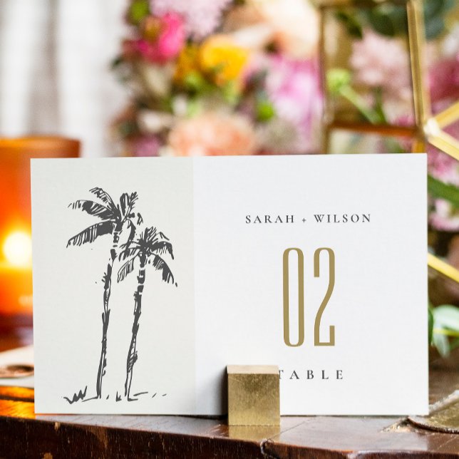 Elegant Tropical Coastal Palm Tree Sketch Wedding Table Number (Creator Uploaded)