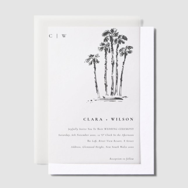 Elegant Tropical Coastal Palm Tree Sketch Wedding Vellum Invitations (Offset)