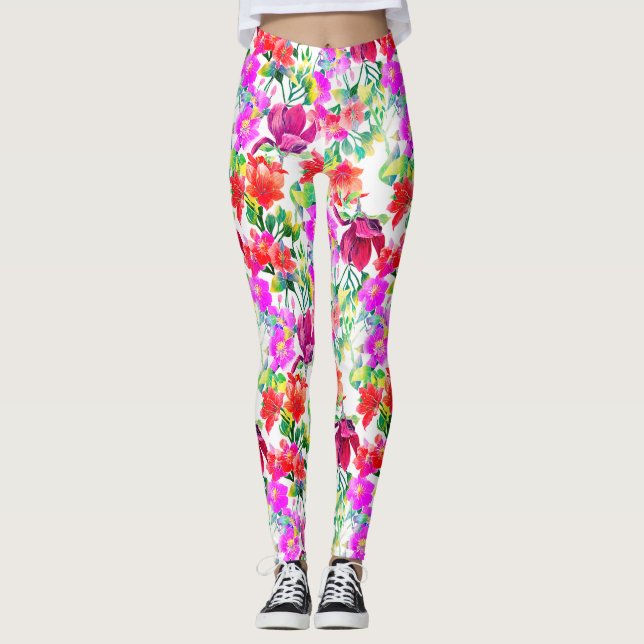 Elegant Tropical Colourful Flowers Leggings (Front)