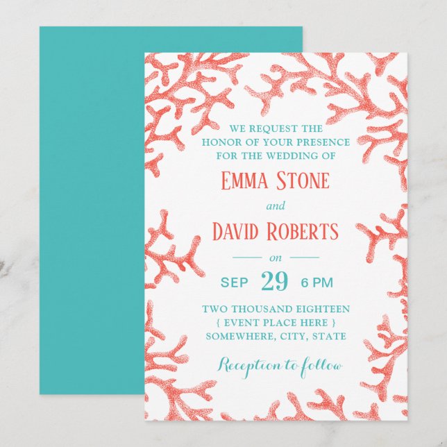 Elegant Tropical Coral Reef Beach Wedding Invitation (Front/Back)
