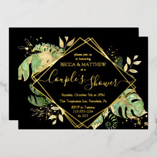Elegant Tropical Couple's Shower Black & Gold Foil