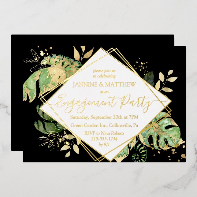  Elegant Tropical Engagement Party Black & Gold (Front/Back)