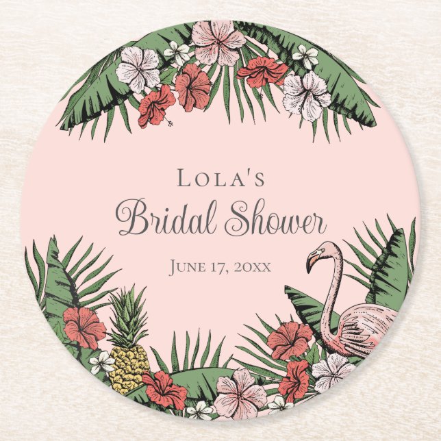 Elegant Tropical Flamingo & Hibiscus Bridal Shower Round Paper Coaster (Front)