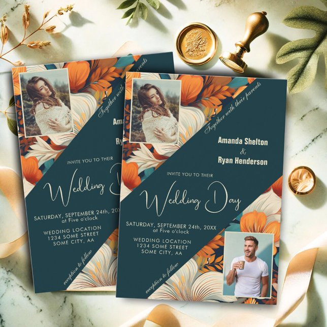 Elegant Tropical Floral Flower 2 Photo Wedding  Invitation (Creator Uploaded)