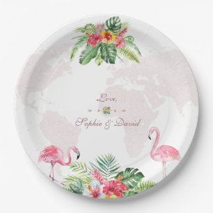 Elegant Tropical Floral Gold World Map Wedding Paper Plate