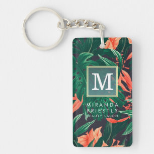 Elegant Tropical Floral Modern Gold Frame Monogram Keychain