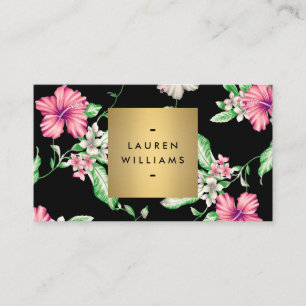 Elegant Tropical Floral Pattern on Black Business Card