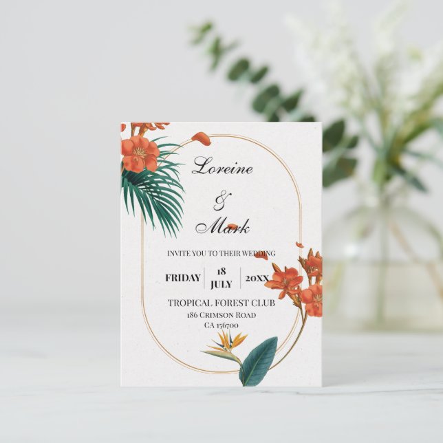Elegant Tropical Floral Wedding Postcard (Standing Front)