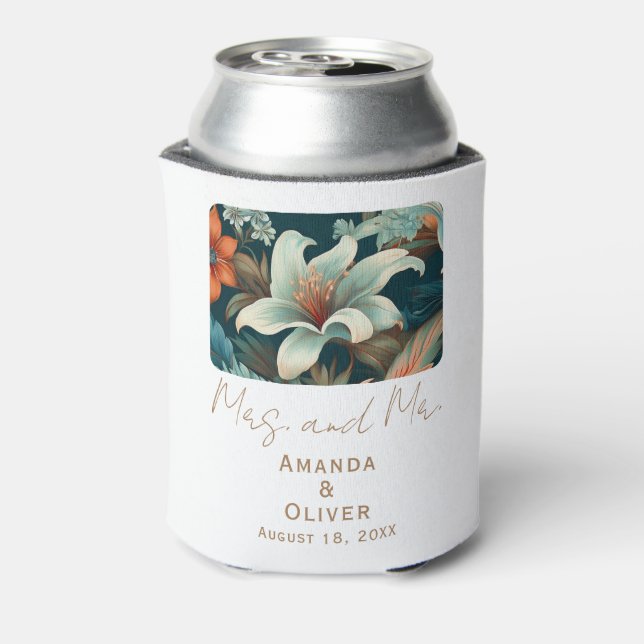 Elegant Tropical Flowers Mrs Mr Floral Wedding Can Cooler (Can Back)
