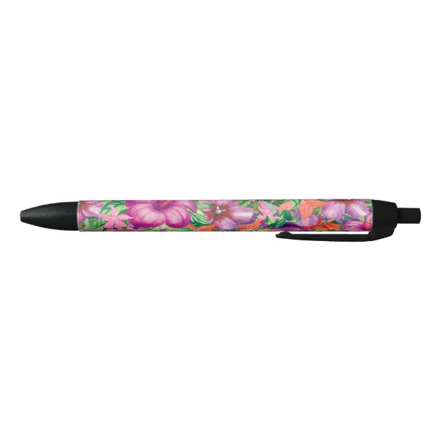 Elegant Tropical Flowers Pattern Black Ink Pen (Bottom)