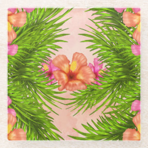 Elegant Tropical Flowers Pink Floral Green Leaves Glass Coaster