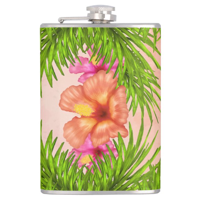 Elegant Tropical Flowers Pink Floral Green Leaves Hip Flask (Front)