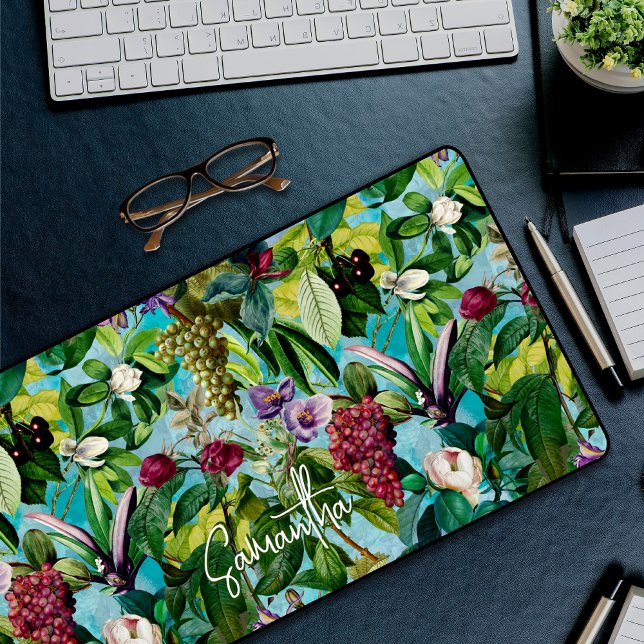 Elegant tropical fruits aqua pattern monogram desk mat (Creator Uploaded)